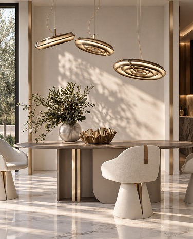 Abode Home dining — sculpted dining table and chairs under brass pendant lights
