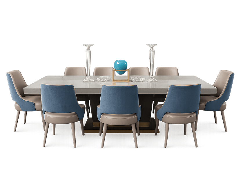 Marble-top dining table with blue and taupe upholstered chairs, featured in the Warehouse Sale